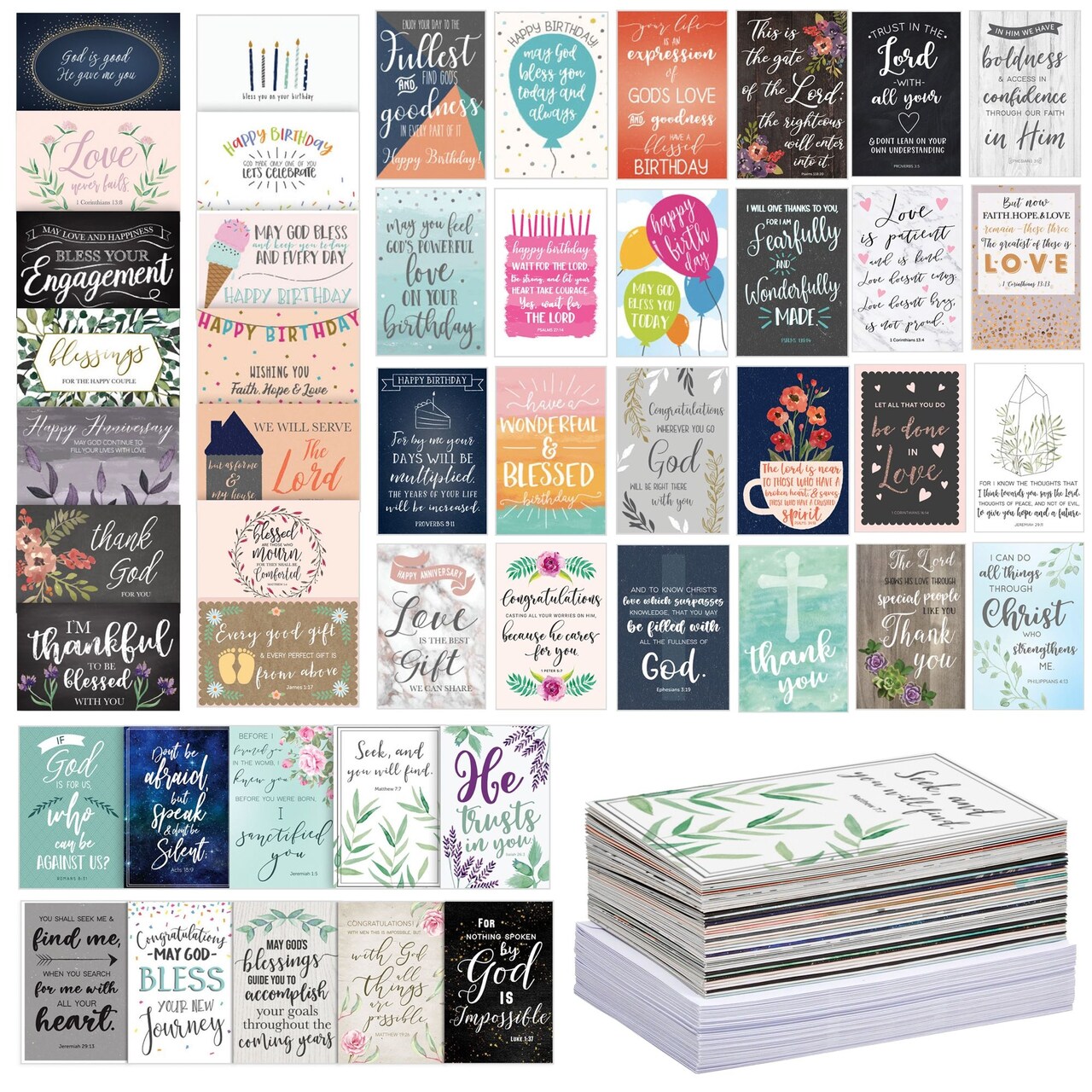 48 Pack All Occasion Cards Assortment Box with Envelopes, 4x6 Christian Greeting Cards, Religious Blank Notes for Birthday, Thank You, and Wedding
